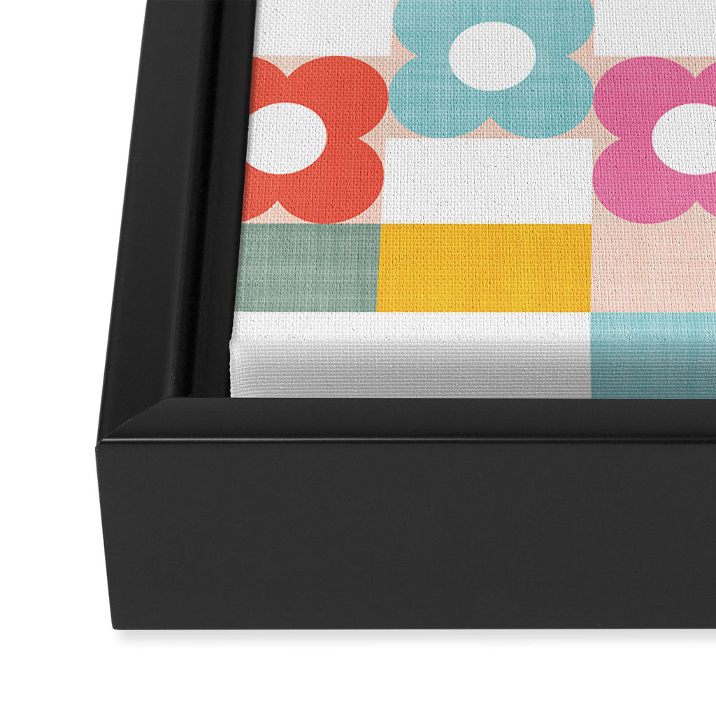 Retro Rainbow floral check pattern Framed Canvas Print Gallery Image 3