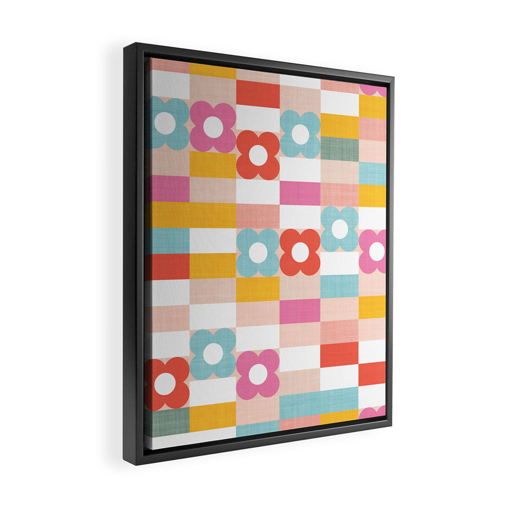 Retro Rainbow floral check pattern Framed Canvas Print Gallery Image 2