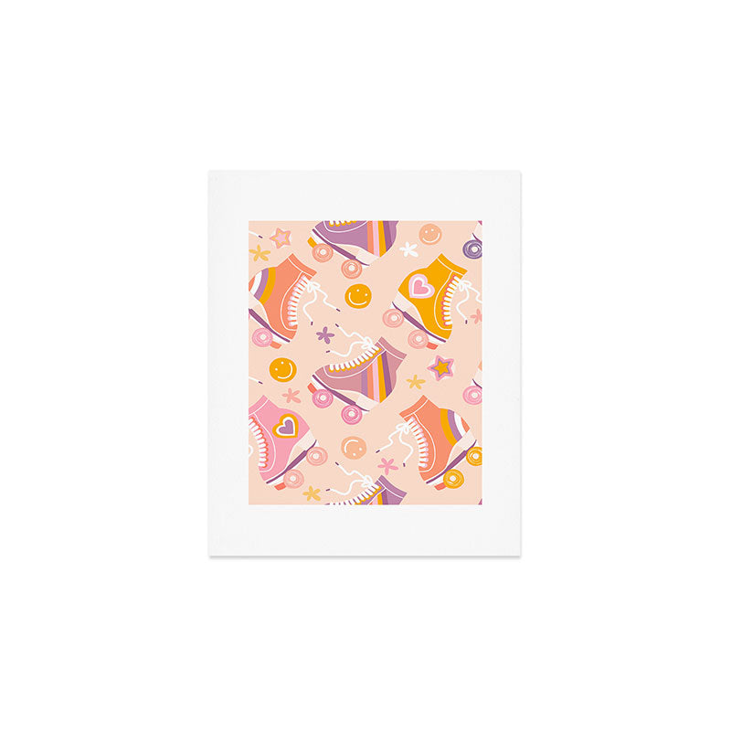 Retro Roller Skates Pattern 2. pink, orange, cream Art Print Gallery Image 1