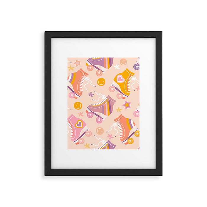 Retro Roller Skates Pattern 2. pink, orange, cream Framed Art Print Gallery Image 1