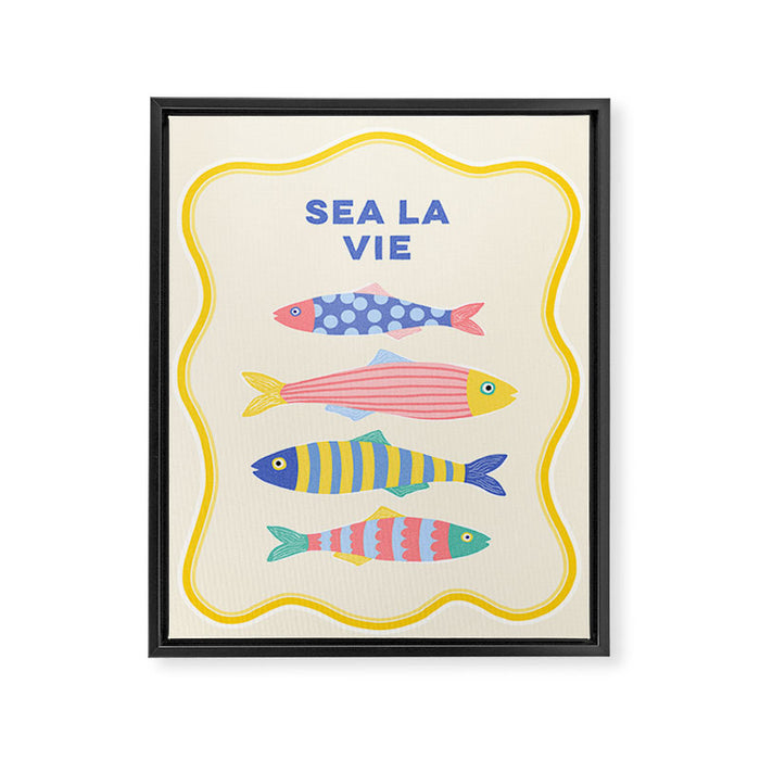 SEA LA VIE - Coastal Pun Fish Art with dots and stripes  Framed Canvas Print Gallery Image 1