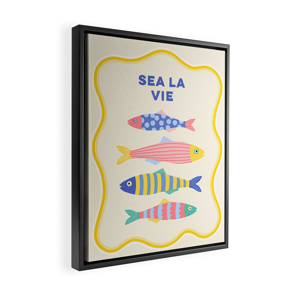 SEA LA VIE - Coastal Pun Fish Art with dots and stripes  Framed Canvas Print Gallery Image 2