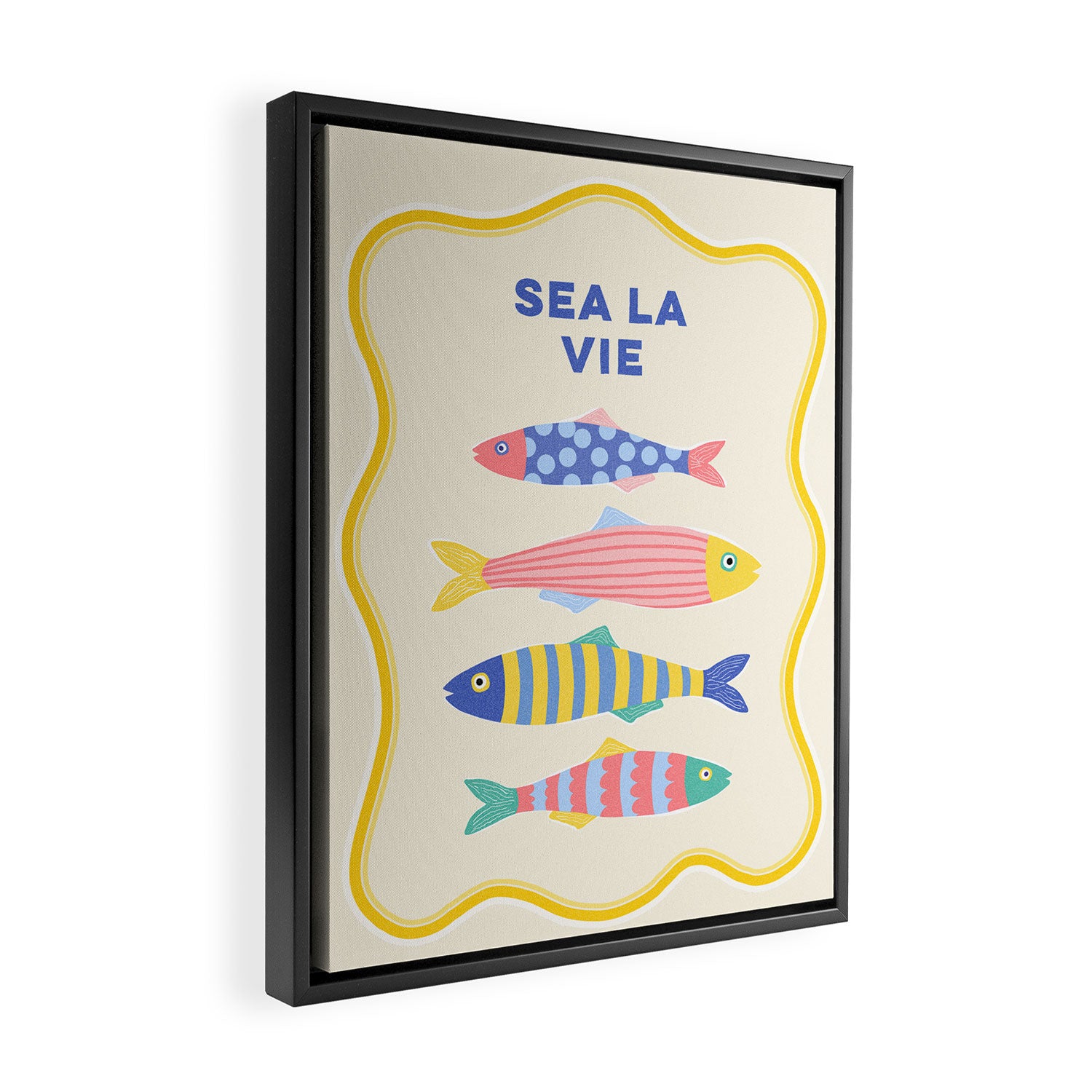 SEA LA VIE - Coastal Pun Fish Art with dots and stripes  Framed Canvas Print Gallery Image 2
