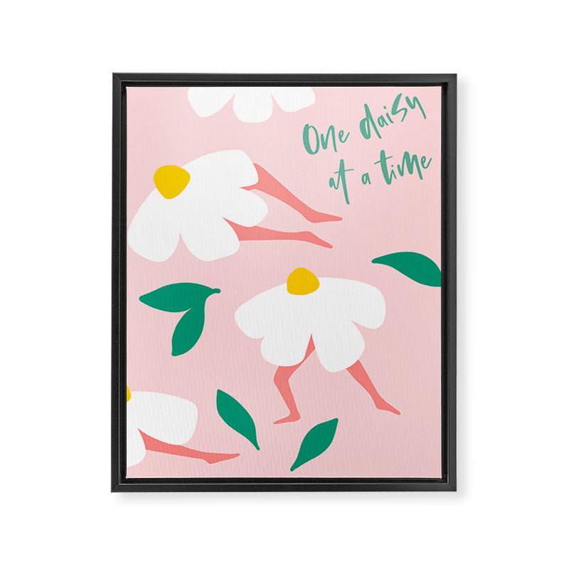 Self Love Floral Pun 'One Daisy at a Time' in Pink Framed Canvas Print Gallery Image 8