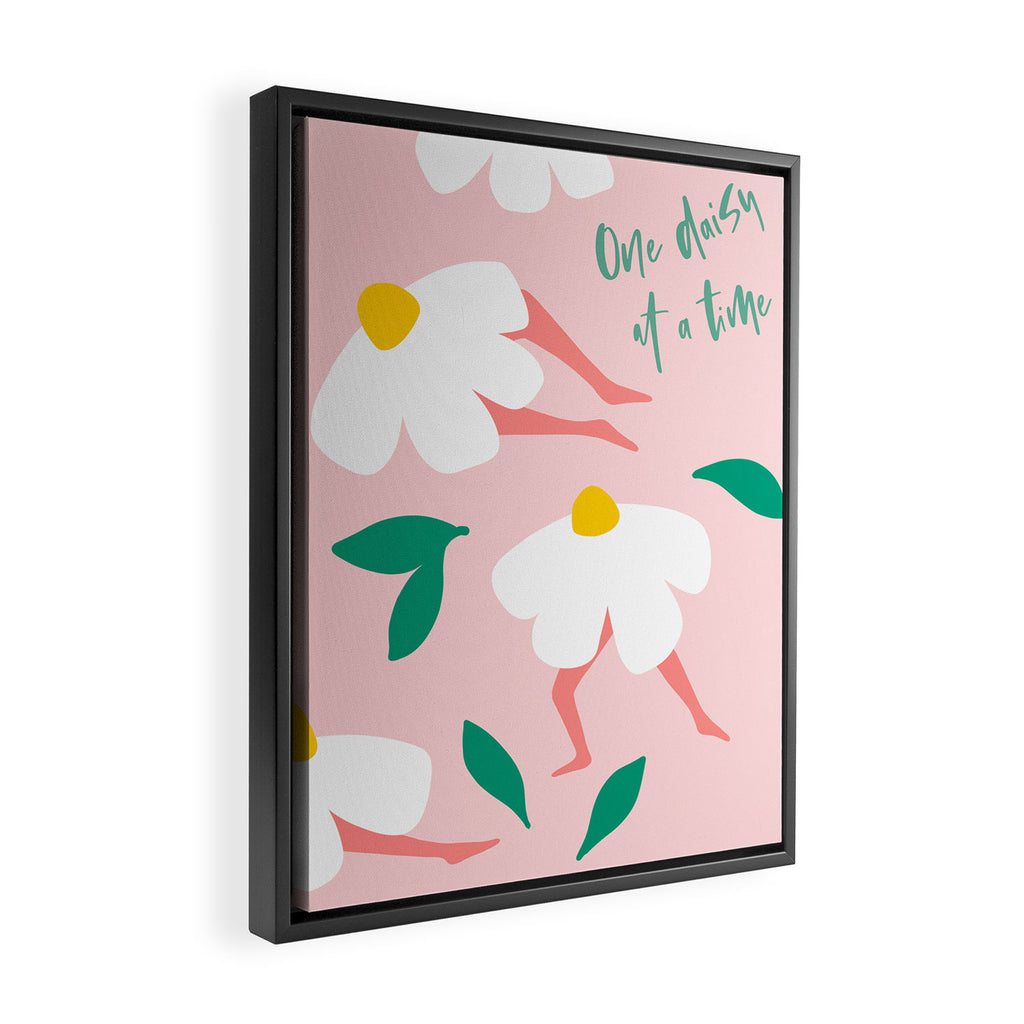Self Love Floral Pun 'One Daisy at a Time' in Pink Framed Canvas Print Gallery Image 2