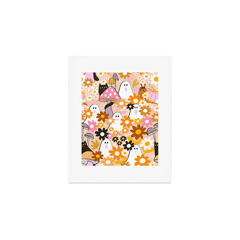 Whimsy Halloween Retro Cats and Ghosts Cottagecore Garden Party - Orange & Peach Fuzz Art Print Gallery Image 1