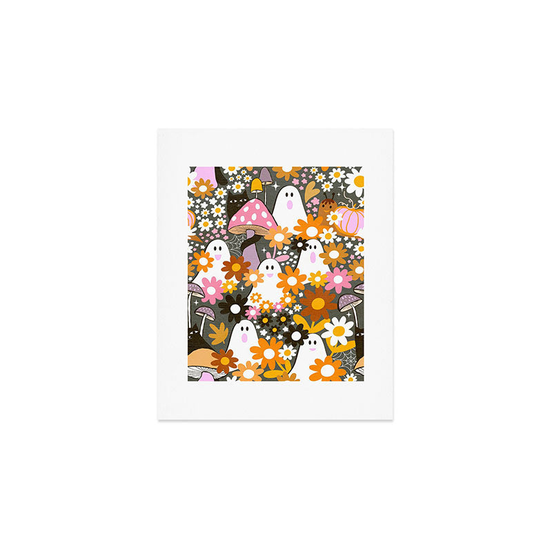 Whimsy Halloween Retro Cats and Ghosts Cottagecore Garden Party - Black Orange Pink Art Print Gallery Image 1