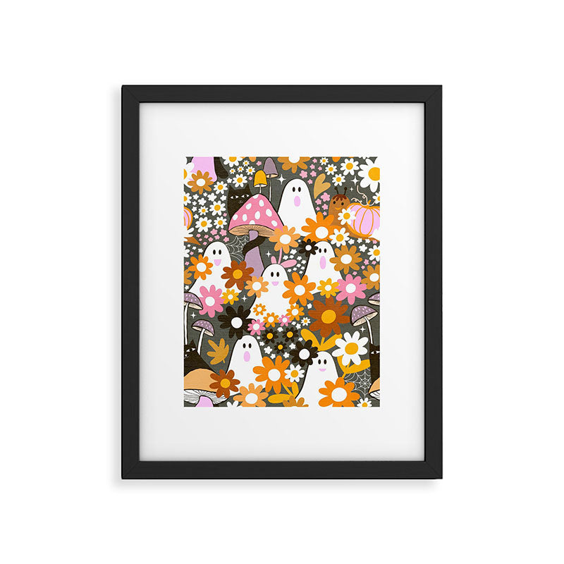 Whimsy Halloween Retro Cats and Ghosts Cottagecore Garden Party - Black Orange Pink Framed Art Print Gallery Image 5
