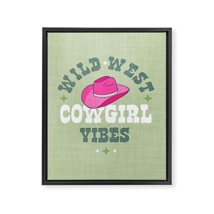 Wild-West Cowgirl Vibes with Hat Typography Pink and Green Framed Canvas Print Gallery Image 1