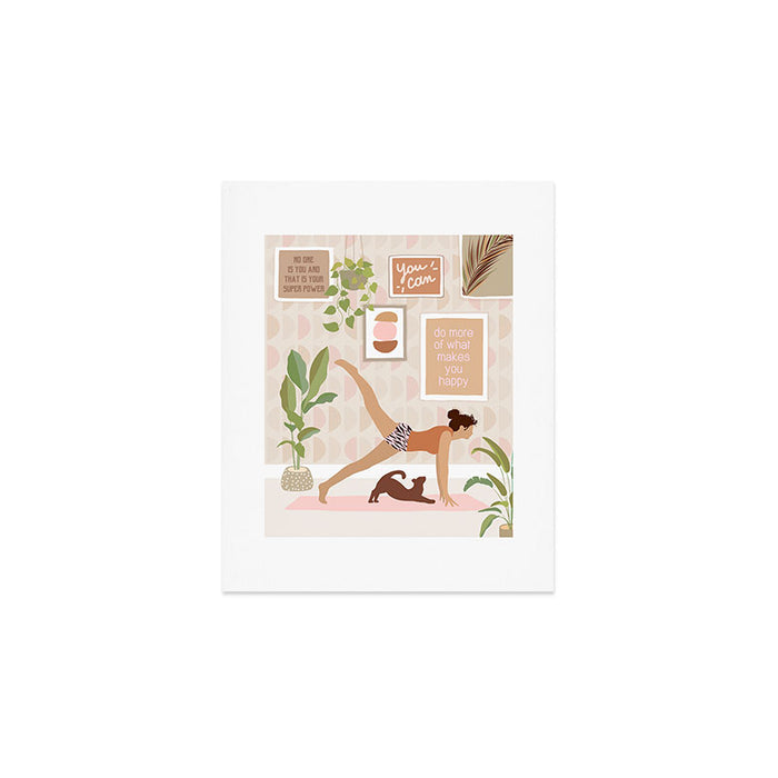 Yoga Girl Power with cat & plants Art Print Gallery Image 1