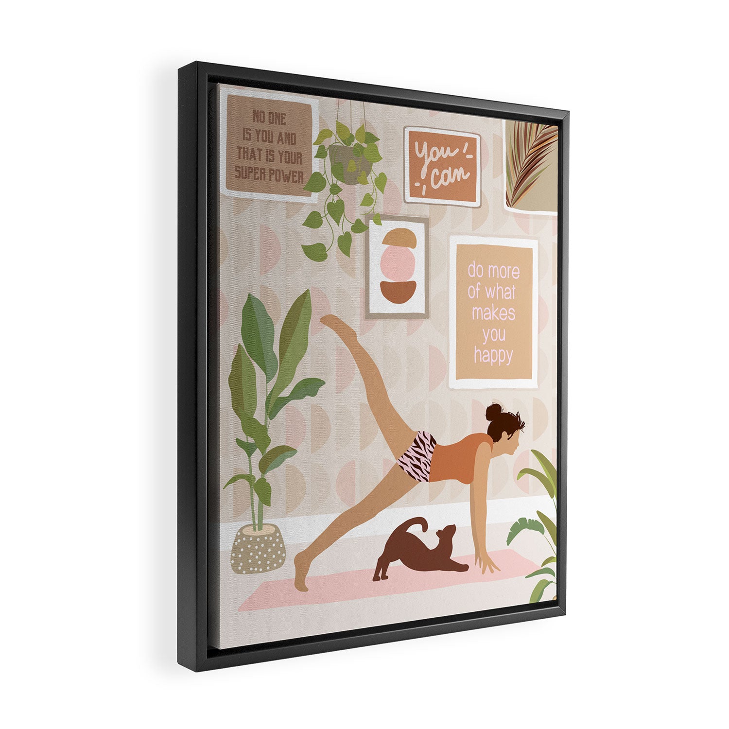 Yoga Girl Power with cat & plants Framed Canvas Print Gallery Image 2