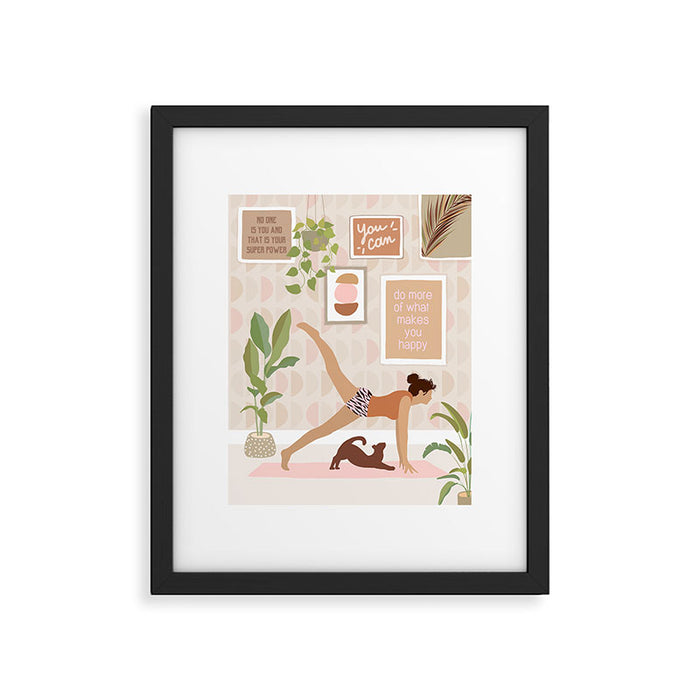 Yoga Girl Power with cat & plants Framed Art Print Gallery Image 1