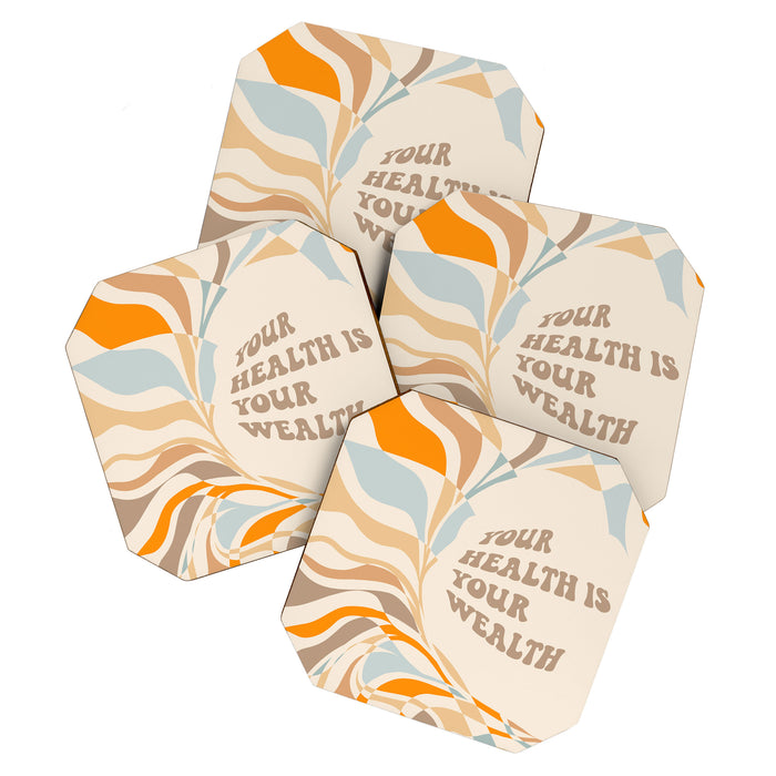 YOUR HEALTH IS YOUR WEALTH with Liquid retro abstract pattern in orange and blue Coaster Gallery Image 1