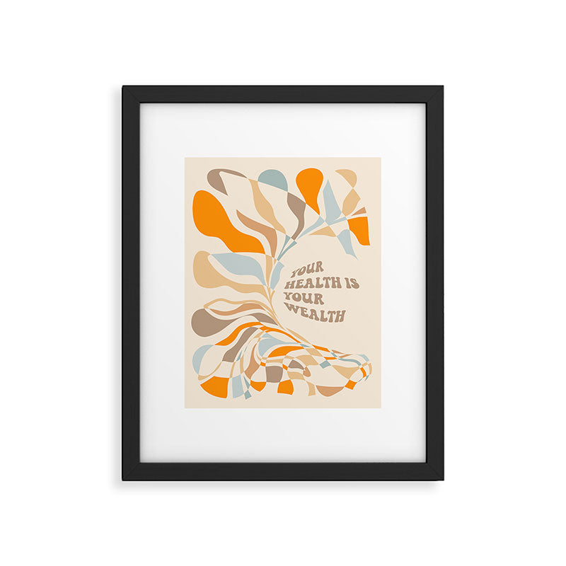 YOUR HEALTH IS YOUR WEALTH with Liquid retro abstract pattern in orange and blue Framed Art Print Gallery Image 5