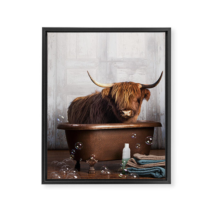 Highland Cow in the Tub Framed Canvas Print Gallery Image 1
