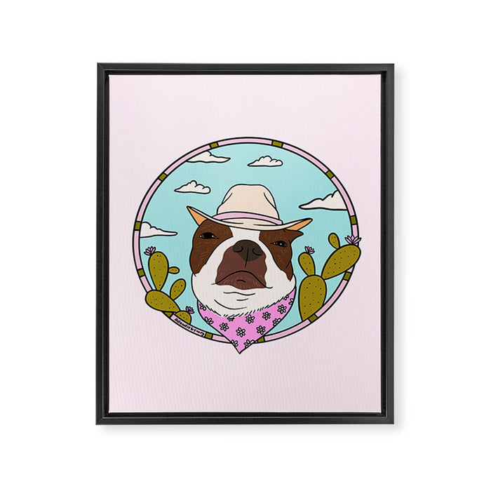 Cowboy Dog- Crimson Boston Framed Canvas Print Gallery Image 1