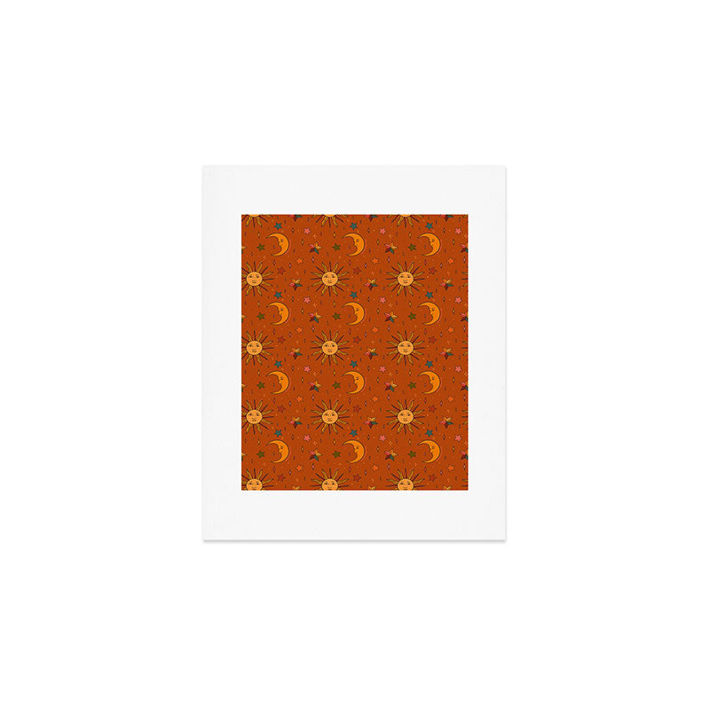 Folk Moon and Star Print in Orange Art Print Gallery Image 1