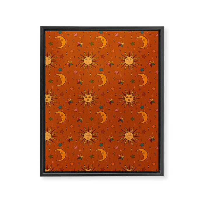 Folk Moon and Star Print in Orange Framed Canvas Print Gallery Image 1