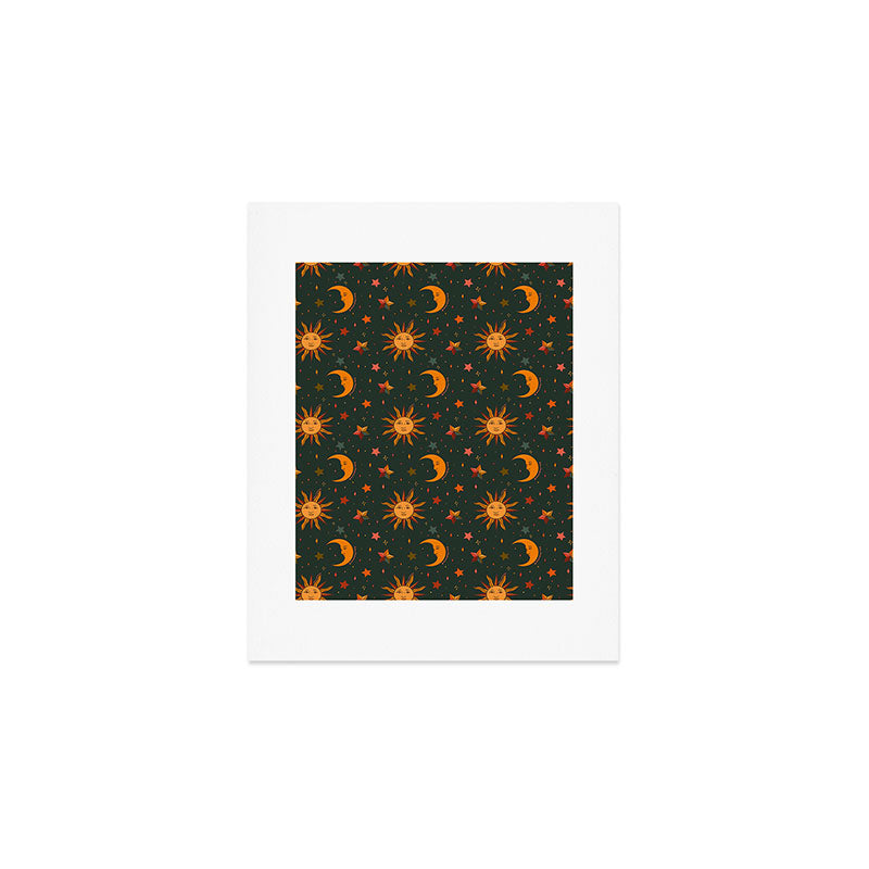 Folk Moon and Star Print in Teal Art Print Gallery Image 1