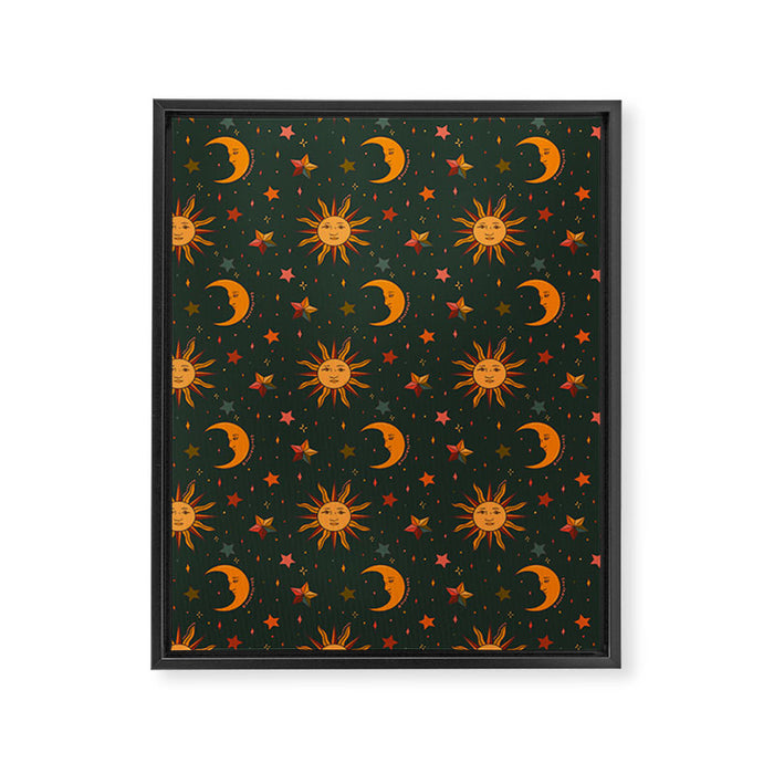 Folk Moon and Star Print in Teal Framed Canvas Print Gallery Image 1