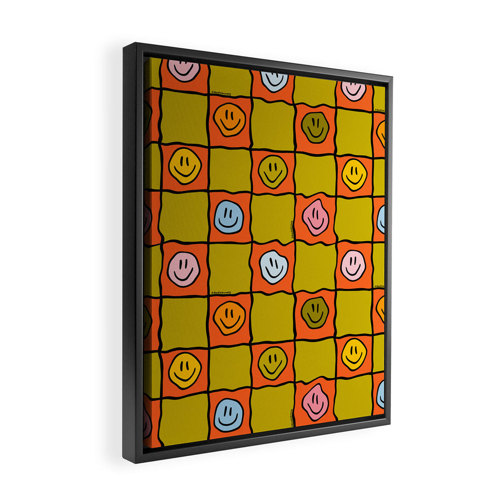 Green Happy Face Checkered Print Framed Canvas Print Gallery Image 2