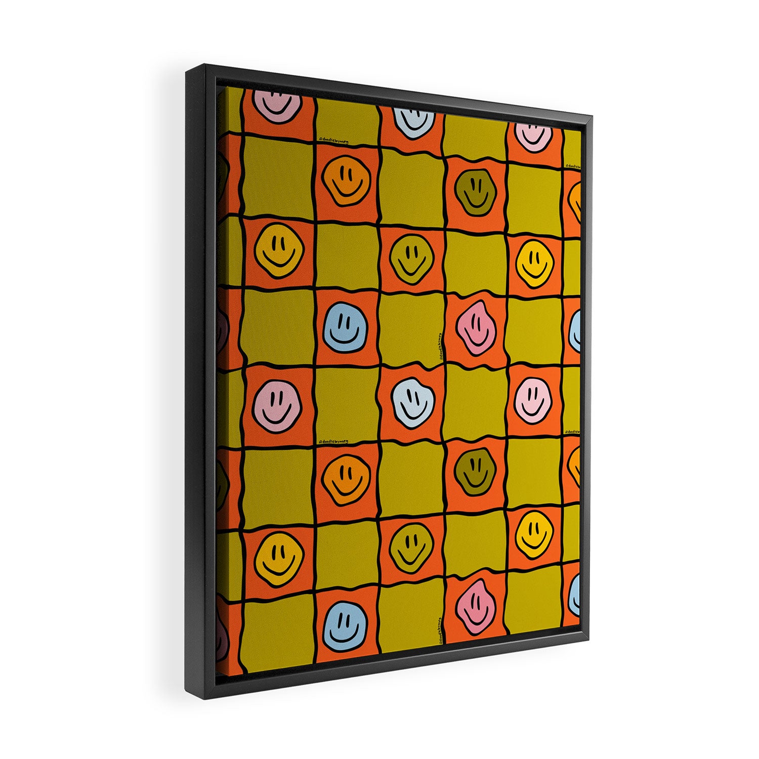 Green Happy Face Checkered Print Framed Canvas Print Gallery Image 2