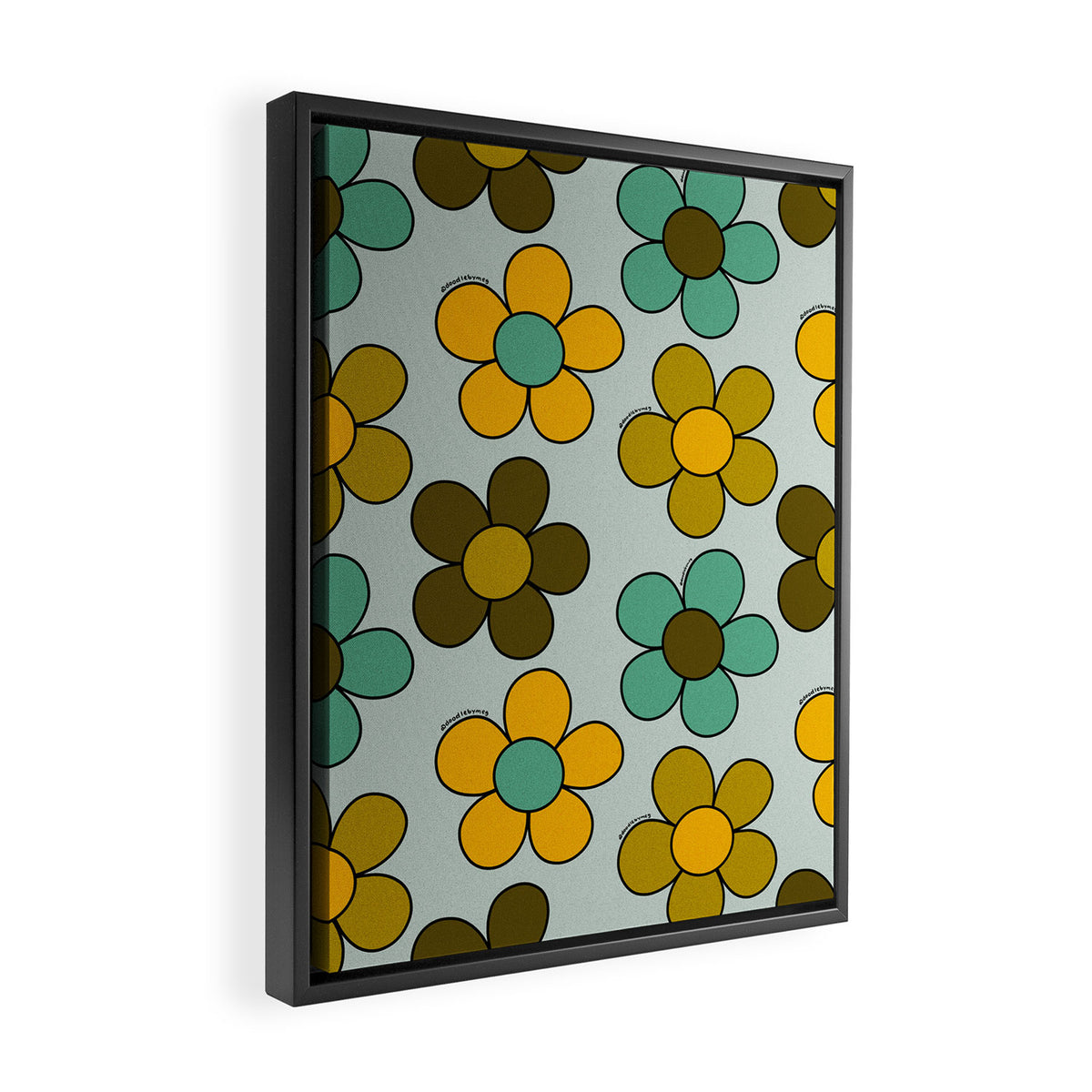 Groovy Flowers Print in Blue Framed Canvas Print Gallery Image 2