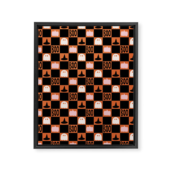 Halloween Checkered Print in Orange Framed Canvas Print Gallery Image 1