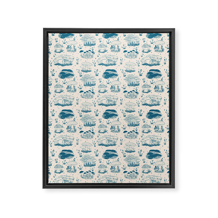 Mushroom Toile in Blue Framed Canvas Print Gallery Image 1