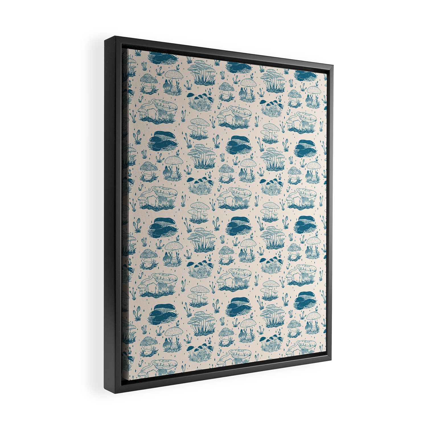 Mushroom Toile in Blue Framed Canvas Print Gallery Image 2