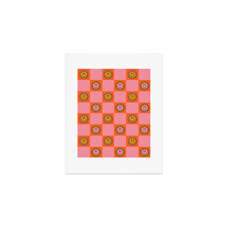 Orange Pink Smiley Checkerboard Print Art Print Gallery Image 1
