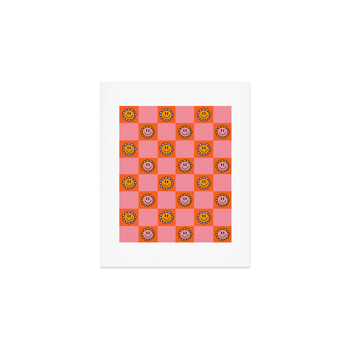 Orange Pink Smiley Checkerboard Print Art Print Gallery Image 1