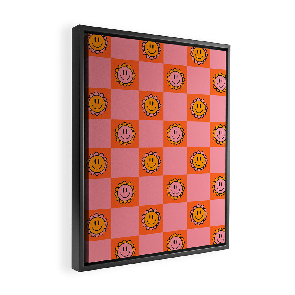 Orange Pink Smiley Checkerboard Print Framed Canvas Print Gallery Image 2