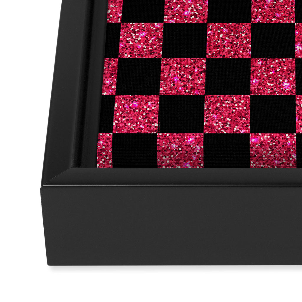 Pink Glitter Checkered Print in Black Framed Canvas Print Gallery Image 3