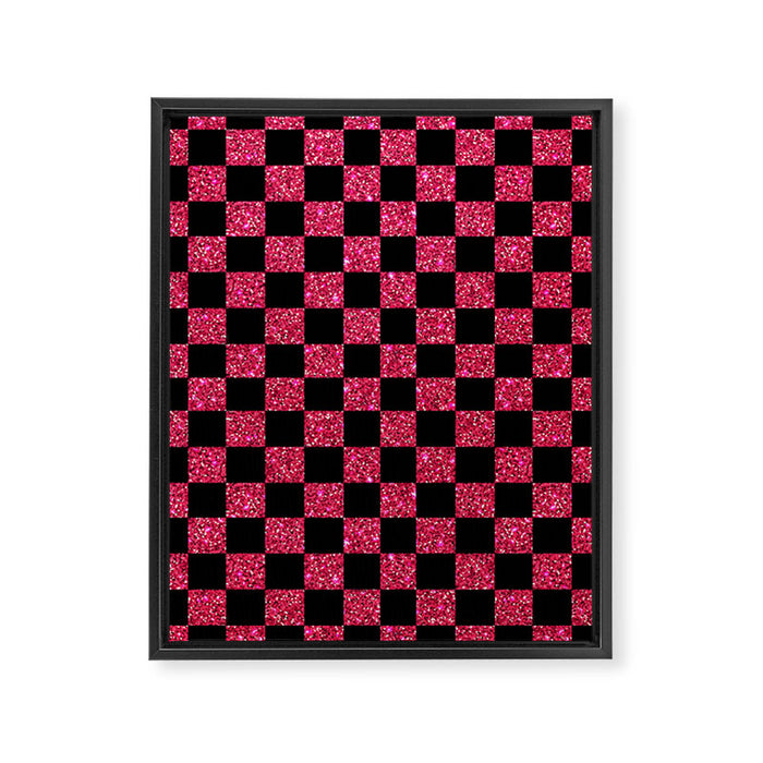 Pink Glitter Checkered Print in Black Framed Canvas Print Gallery Image 1