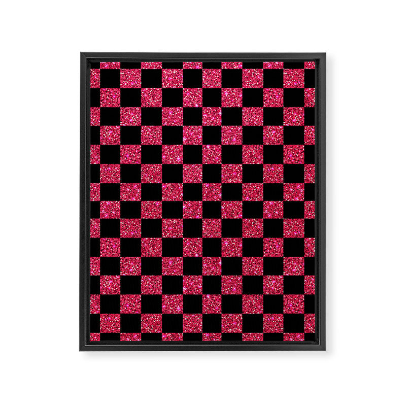 Pink Glitter Checkered Print in Black Framed Canvas Print Gallery Image 8