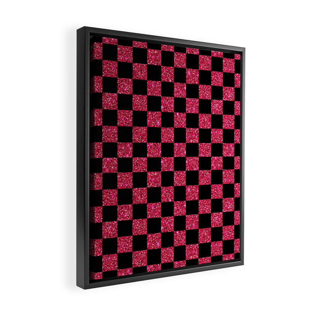 Pink Glitter Checkered Print in Black Framed Canvas Print Gallery Image 2