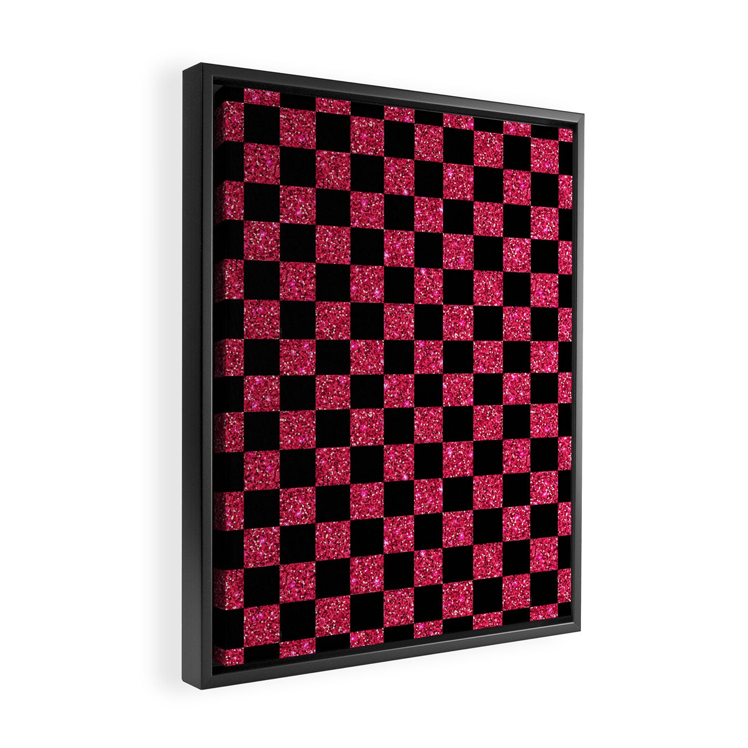 Pink Glitter Checkered Print in Black Framed Canvas Print Gallery Image 2