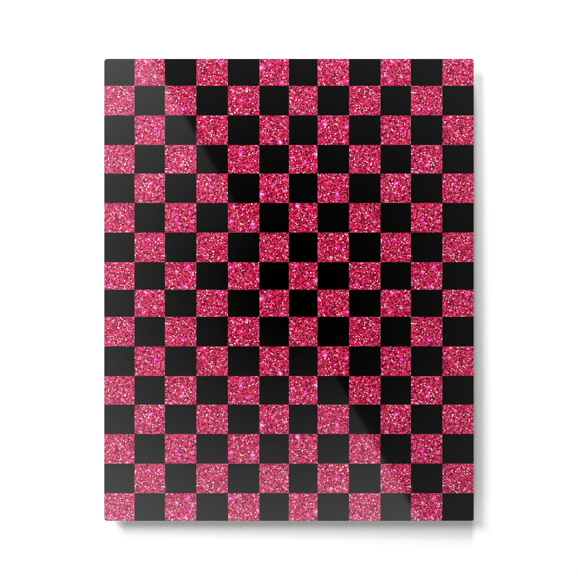 Pink Glitter Checkered Print in Black Metal Print Gallery Image 6