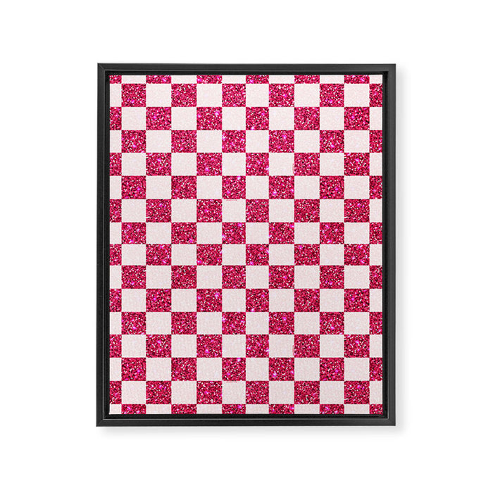 Pink Glitter Checkered Print in Cream Framed Canvas Print Gallery Image 1