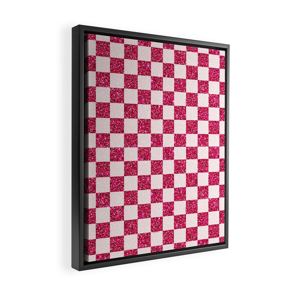 Pink Glitter Checkered Print in Cream Framed Canvas Print Gallery Image 2