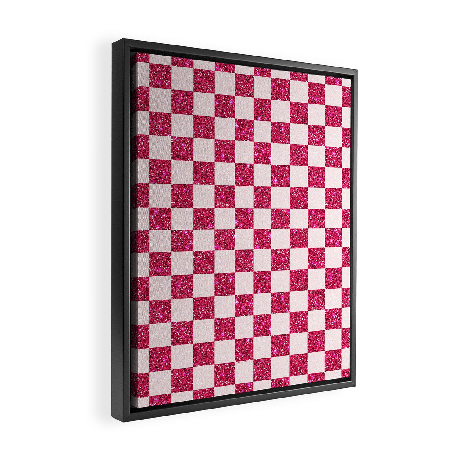 Pink Glitter Checkered Print in Cream Framed Canvas Print Gallery Image 2