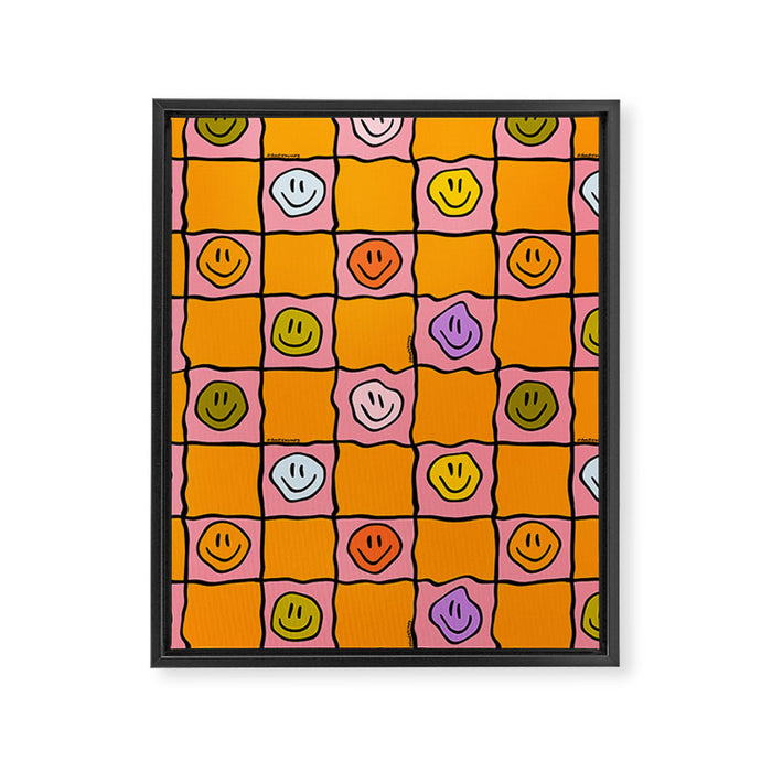 Pink Happy Face Checkered Print Framed Canvas Print Gallery Image 1