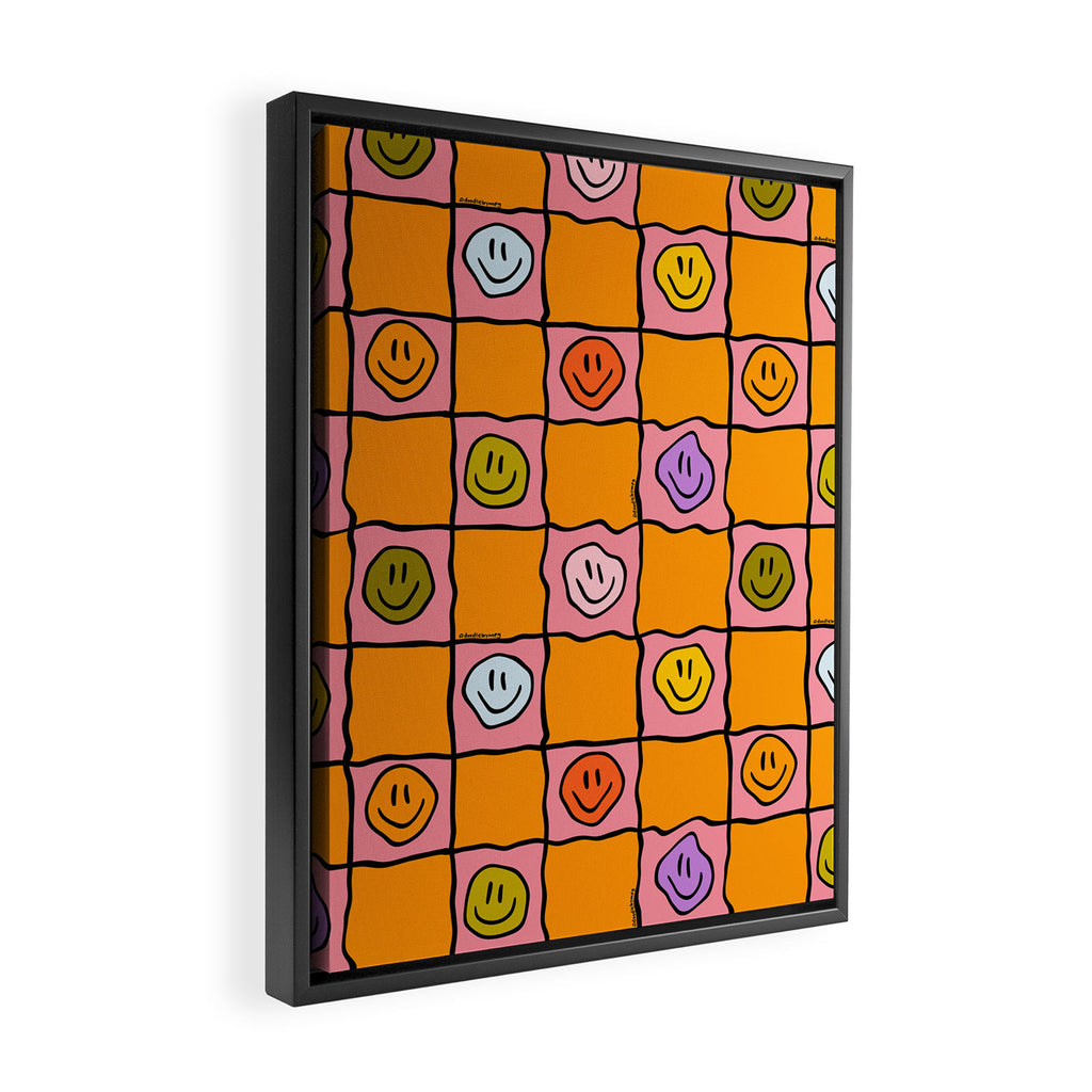 Pink Happy Face Checkered Print Framed Canvas Print Gallery Image 2