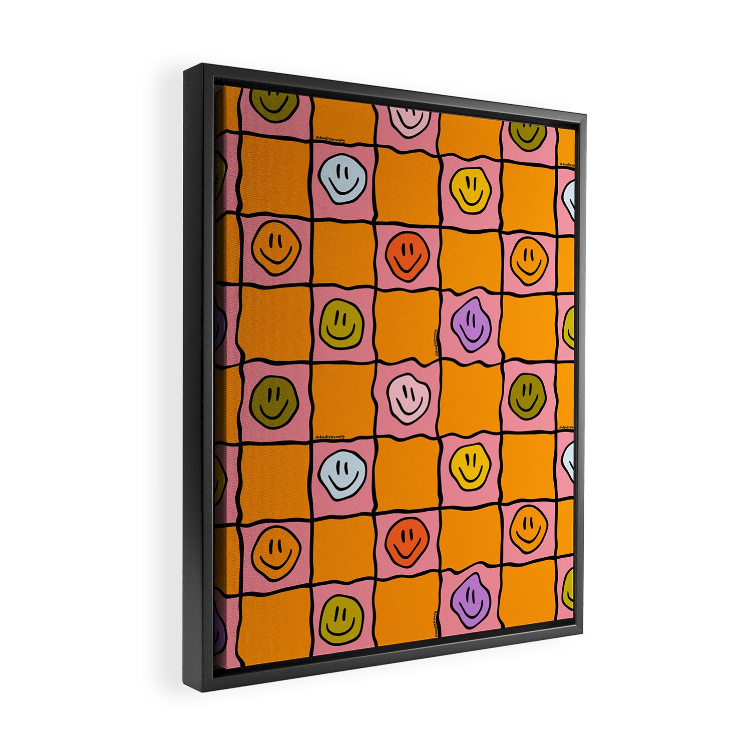 Pink Happy Face Checkered Print Framed Canvas Print Gallery Image 2