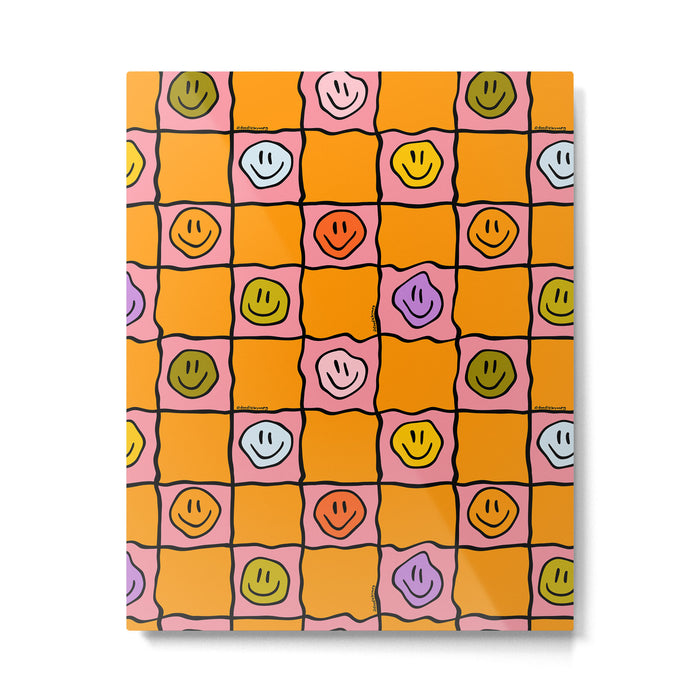 Pink Happy Face Checkered Print Metal Print Gallery Image 1