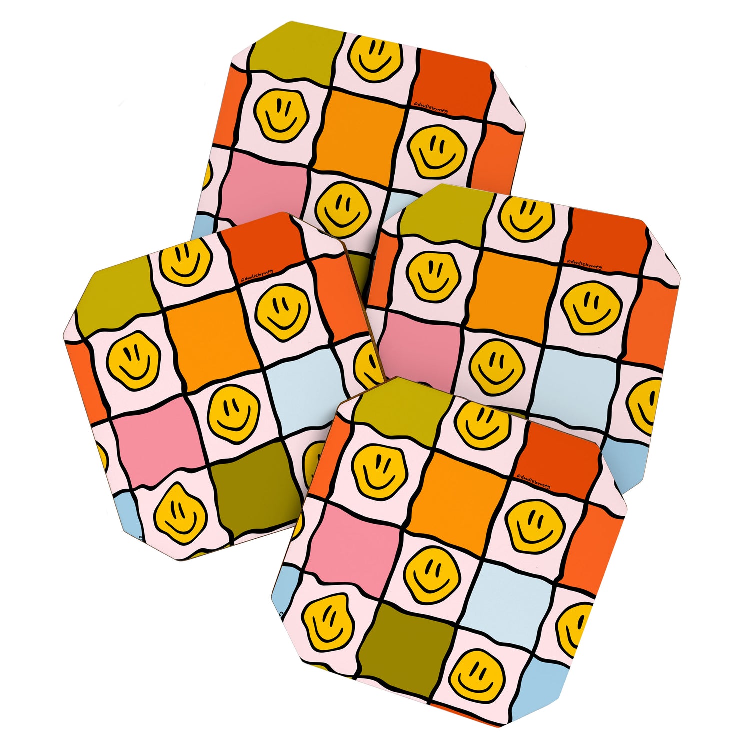 Rainbow Happy Face Checkered Print Coaster Gallery Image 1