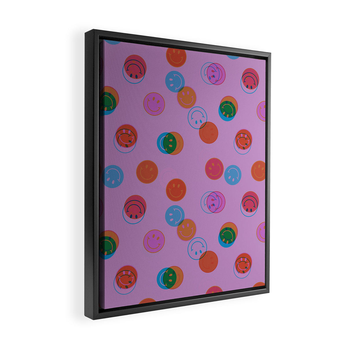 Smiley Face Stamp Print in Purple Framed Canvas Print Gallery Image 2