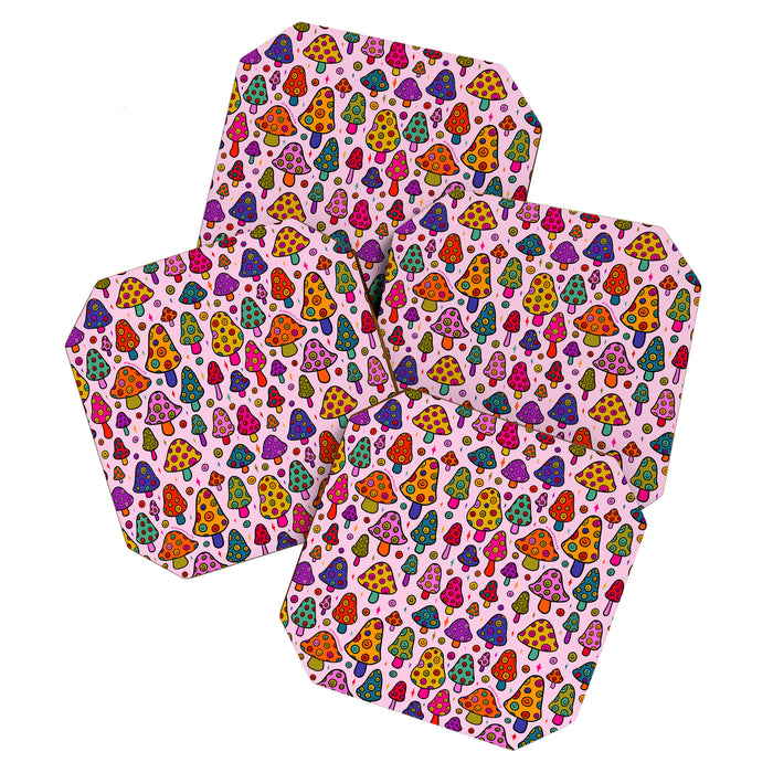 Smiley Mushrooms Print in Pink Coaster Gallery Image 1