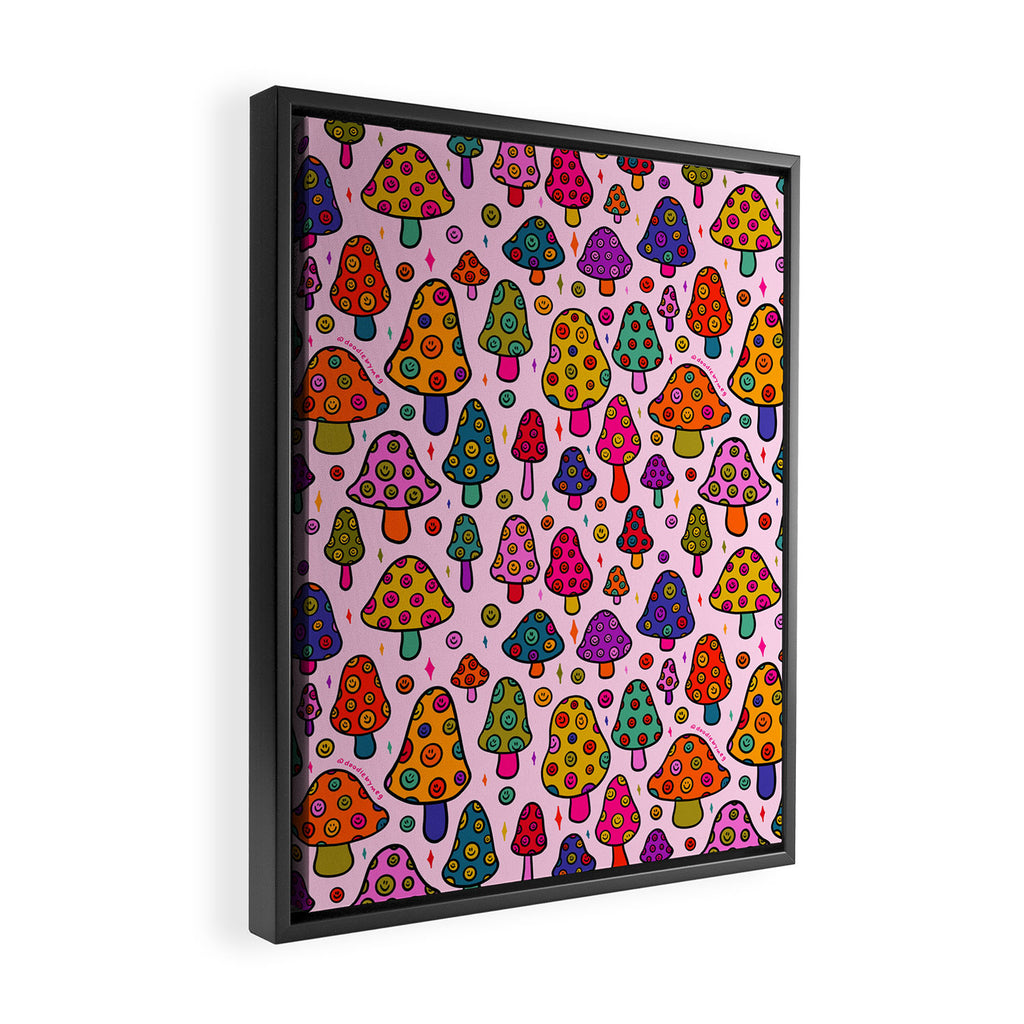 Smiley Mushrooms Print in Pink Framed Canvas Print Gallery Image 2